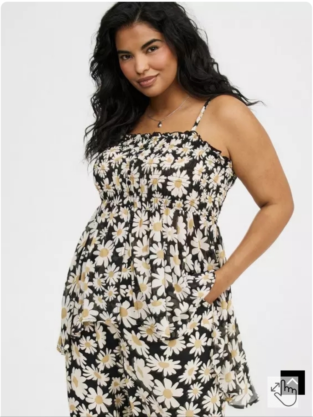 New Torrid 1X(14/16W) Button-Front Smocked Hi-Lo Chiffon Tunic Cami- Black Daisy